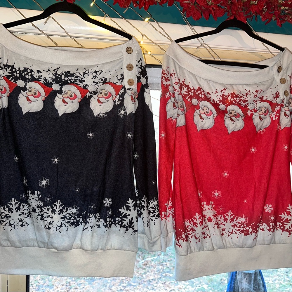 Lot of 2, ladies off shoulder Christmas Santa blouse long sleeves red and black